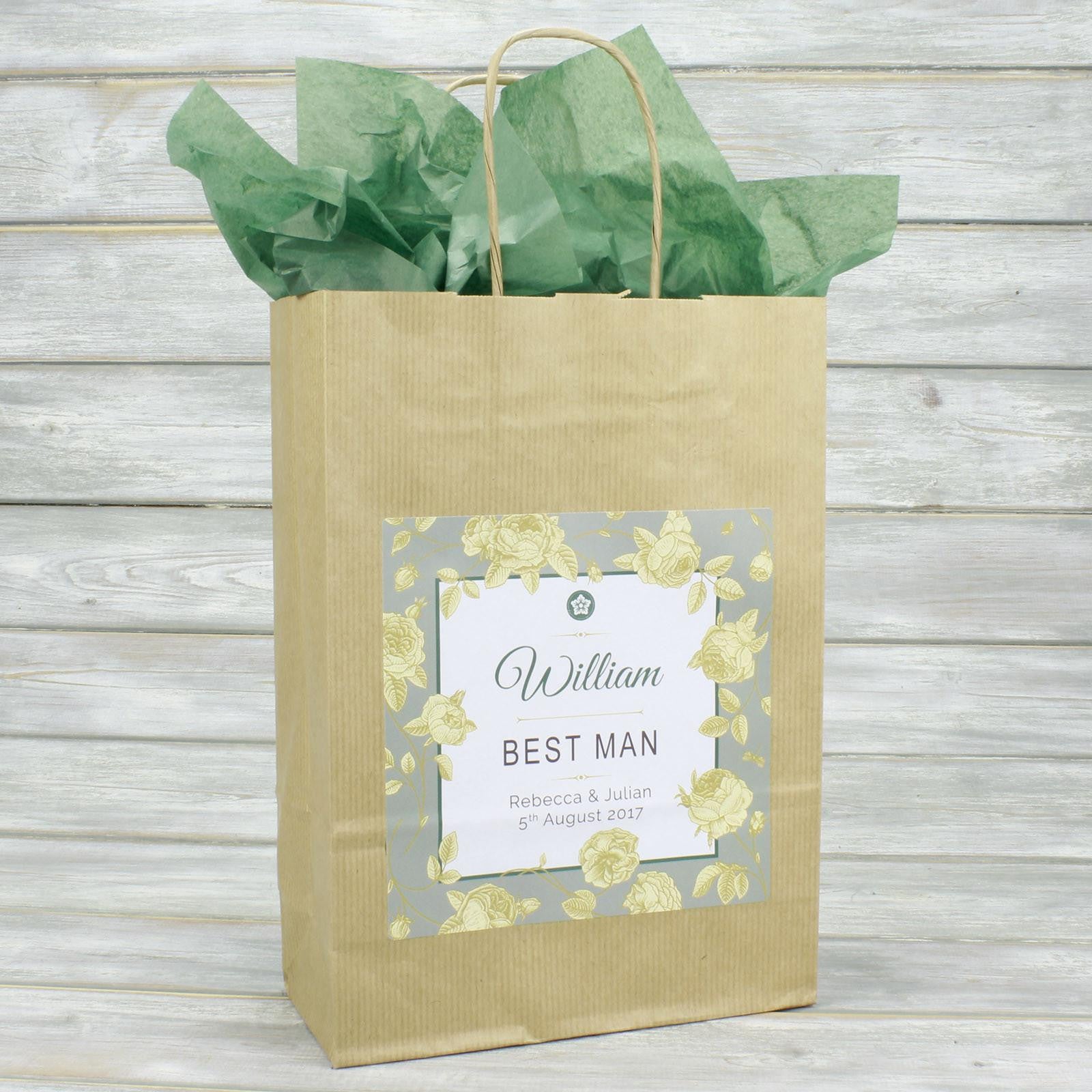 Wedding Favour Bag - Personalised Wedding Favour Vintage Brown Gift Bag - Gold Roses